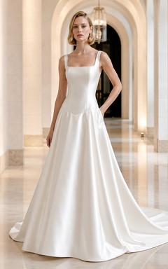 Robe de bal moderne en satin à col carré et nœud papillon, robe de mariée avec traîne chapelle