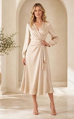 Taupe Satin Wrap Pleated Long Sleeve Tea-length A-Line Formal Dress