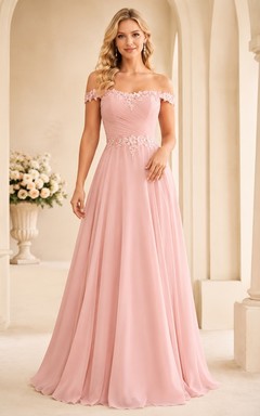 Blush Off Shoulder Puff Sleeve Tulle A-Line Floor Length Bridesmaid Dress