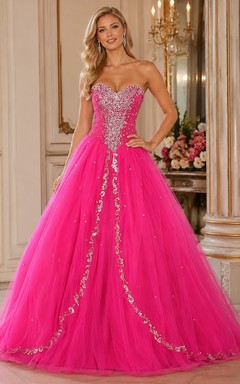 Ball Gown Long Sweetheart Sleeveless Bell Beading Appliques Lace-Up Back Tulle Lace Dress