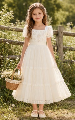 Tiered Tulle A-Line Flower Girl Dress with Short Sleeves, Square Neck, Floor-Length Skirt and Tiered Skirt