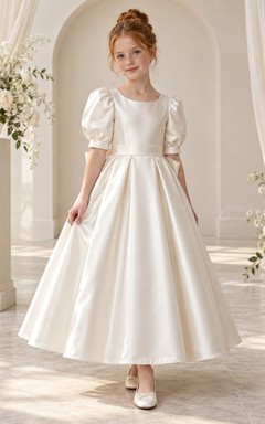 Vintage Simple Ivory A-line Satin Ankle-length Puff-sleeve Bow-back Flower Girl Dress