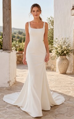 Affordable Modern Square Neck Sleeveless Satin Mermaid Court Train Wedding Dress