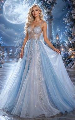 Vestido de gala largo de fantasía con tirantes finos de tul y cuentas en color azul hielo