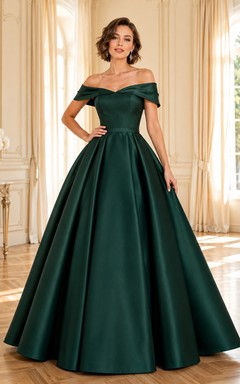 Vestido de fiesta largo de satén verde oscuro de lujo, con hombros descubiertos y manga corta.