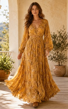 Vestido de gasa bohemio largo hasta el suelo con escote en V y manga larga, color Golden Prairie Daffodil.