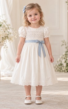 Elfenbeinfarbenes Landhauskleid mit quadratischem Ausschnitt, A-Linie, gerafften Puffärmeln, blauer Schärpe und Muschelsaum