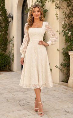 Vintage Langarmkleid mit eckigem Ausschnitt, Spitze, Teelänge, für das Probeessen