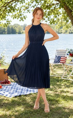 Navy Halter Pleated Chiffon Midi Summer Picnic Dress