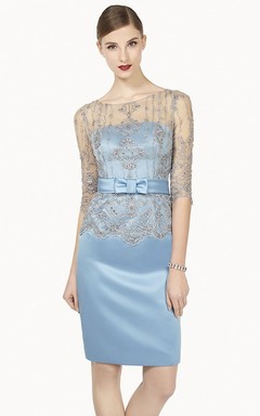 Illusion Neck And Back Sheath Satin Short Prom Dress With Bow Belt And Half Sleeve