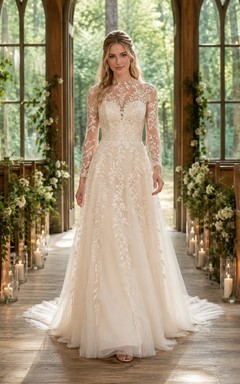 Long Sleeve Vine Lace A-Line Forest Chapel Bridal Gown