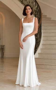 White Satin Square-Neck Sleeveless A-Line Floor-Length Formal Dress