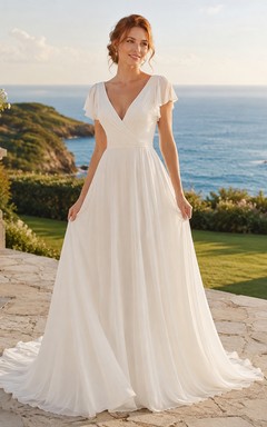 Chiffon-Hochzeitskleid, A-Linie, V-Ausschnitt, ärmellos, Kapellenschleppe, tiefer V-Ausschnitt am Rücken