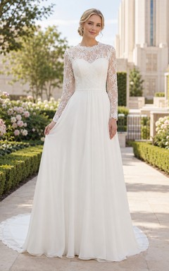 Schlichtes, langärmeliges Brautkleid mit Spitzenoberteil im Temple Garden-Stil