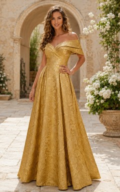 Gold Off Shoulder Short Sleeve Brocade Ball Gown Dress