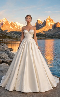 Trägerloses, plissiertes Ballkleid aus Satin mit Herzausschnitt und kurzer Schleppe – Hochzeitskleid für die Destination Wedding