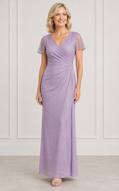 Robe de mère en mousseline lilas à col V et manches courtes