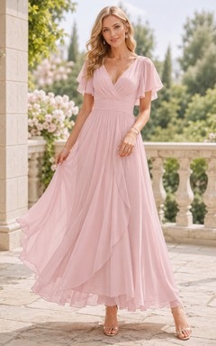 Robe d'invitée romantique en mousseline rose poudré, longueur cheville, col en V, manches papillon, pour l'extérieur