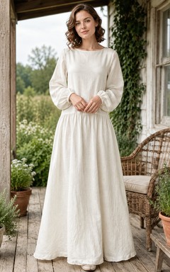 Loose Long Sleeve Linen Cottage A Line Bridal Dress