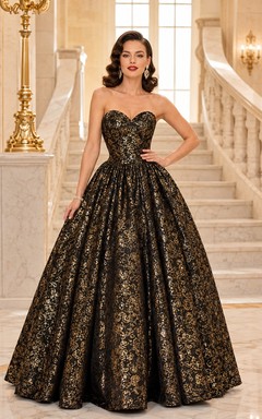 Vintage Black Gold Strapless Floral Brocade Ball Gown