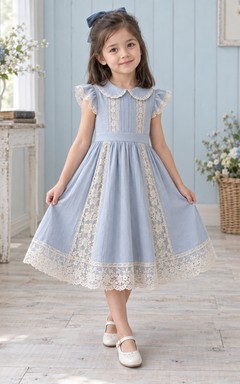Tea-length Vintage Blue A-Line Lace Flutter-Sleeve Inset-Panels Peter-Pan-Collar Flowergirl Dress
