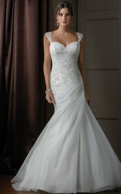 Cap-Sleeved Mermaid Gown With Beadings And Deep V-Back