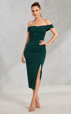Emerald Off Shoulder Short Sleeve Slit Jersey Midi Dress