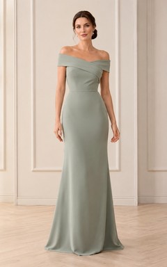 Sage Elegant Off-Shoulder Short-Sleeve Satin Sheath Floor-Length Formal Dress
