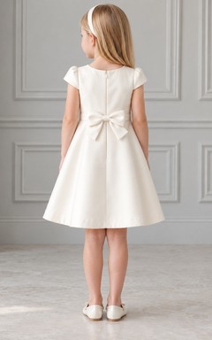 Modest Simple Cream Knee Length Cap Sleeve Pleated Satin Long Tail Bow Flower Girl Dress