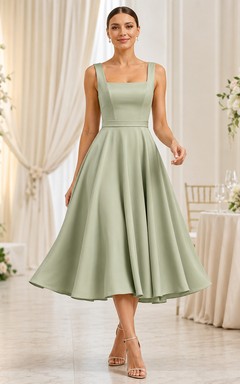 Robe de mariée vert sauge, longueur thé, col carré, coupe trapèze, en satin, boutonnée au dos