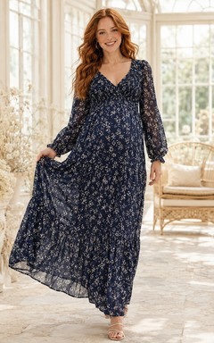 Maternity Dark Navy Floral Chiffon V-Neck Long Sleeve Empire Floor-Length Dress