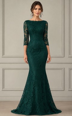 Robe de soirée sirène en dentelle vert foncé, style bateau, modeste