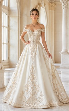 Champagnerfarbenes, schulterfreies, goldbesticktes Satin-Ballkleid, bodenlang, Hofstaat-Kleid
