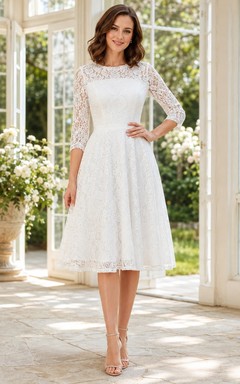 White Bateau Three-Quarter Sleeve Lace A-Line Tea-Length Vintage Cocktail Dress