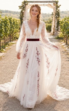 Burgunderrotes, langärmeliges, besticktes Chiffon-Brautkleid im Landhausstil mit V-Ausschnitt, A-Linie und Schleppe