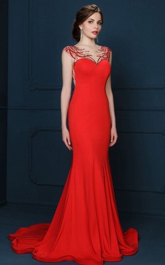 Sheath Beaded Cap-Sleeve Floor-Length Scoop-Neck Jersey Evening Dress With Pleats