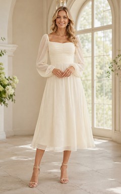 Robe de mariée civile simple à manches carrées de poète, plissée en mousseline, longueur thé