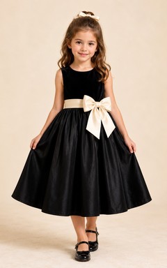 Black Vintage A-Line Velvet Flower Girl Dress Sleeveless Jewel Neck Tea-Length Oversized Bow