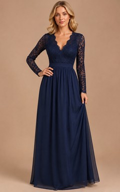 Ink Navy Lace Long Sleeve A-Line V-Neck Floor Length Modest Formal Gown