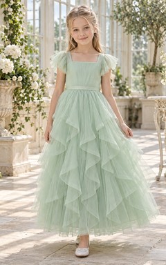 Square Neck Mint Flutter Sleeve Cascading Ruffle Tulle Flower Girl Dress
