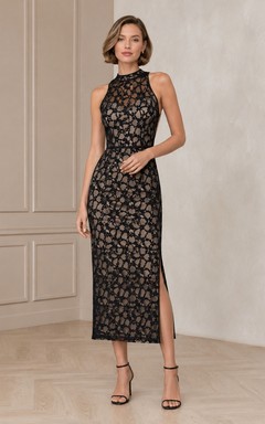 Elegant Black High Neck Sleeveless Lace Sheath Tea-length Dress