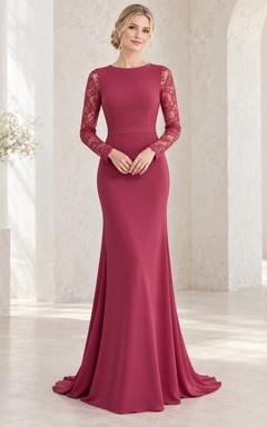 Vestido de dama de honor minimalista, elegante, elegante, ajustado y con falda acampanada, de encaje color frambuesa y manga larga.