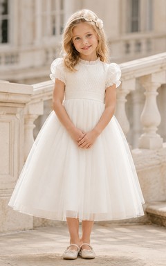 Bow Back Tulle A-Line Flower Girl Dress with Jewel Neck and Tea-Length Skirt