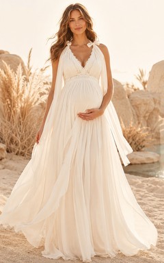 Maternity Halter V-Neck Empire Chiffon Backless Wedding Dress