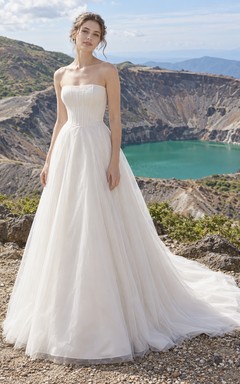 Schlichtes, trägerloses Brautkleid aus Tüll in A-Linie mit Schleppe