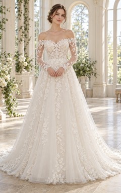 Robe de mariée en tulle fleuri à manches longues, épaules dénudées et bustier cœur, avec traîne chapelle