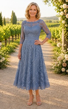 Robe de mère bleu acier, longueur thé, dentelle bateau, coupe trapèze, longueur thé