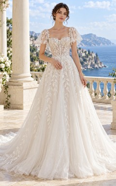 Flutter Sleeve Leaf Embroidered Corset Full A-line Bridal Wedding Dress