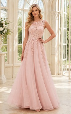 Blush V-Neck Floral Applique Tulle Formal Dress