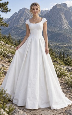 Vestido de novia sencillo de satén con escote redondo, mangas cortas y corte en A, cintura plisada.